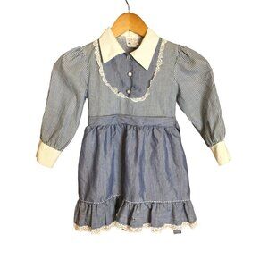 Vintage Delta Girl Dress Ruffle Lace Bib Pointed Collar Striped Size 6 long slee